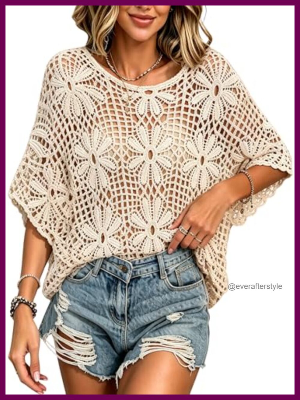 Crochet Dolman Sleeve Boho Beach Cover Up Top